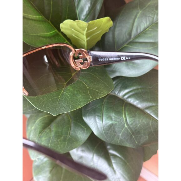Gucci GG 4224/S Rimless Oversized Shield Sunglasses Brown Gold & Crystal Temple - Picture 8 of 8
